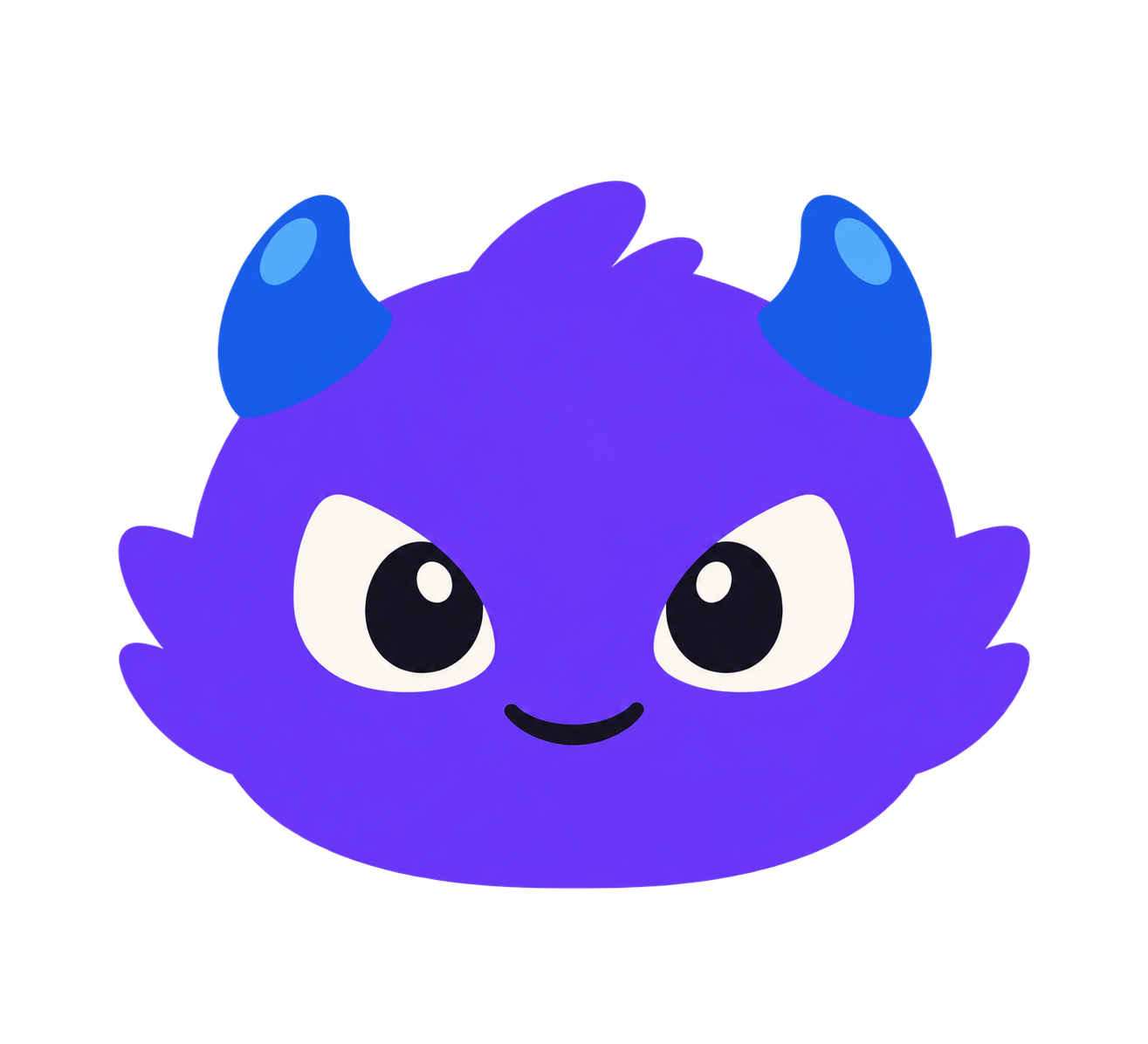 Friendly violet monster with electric-blue horns and a small smile.